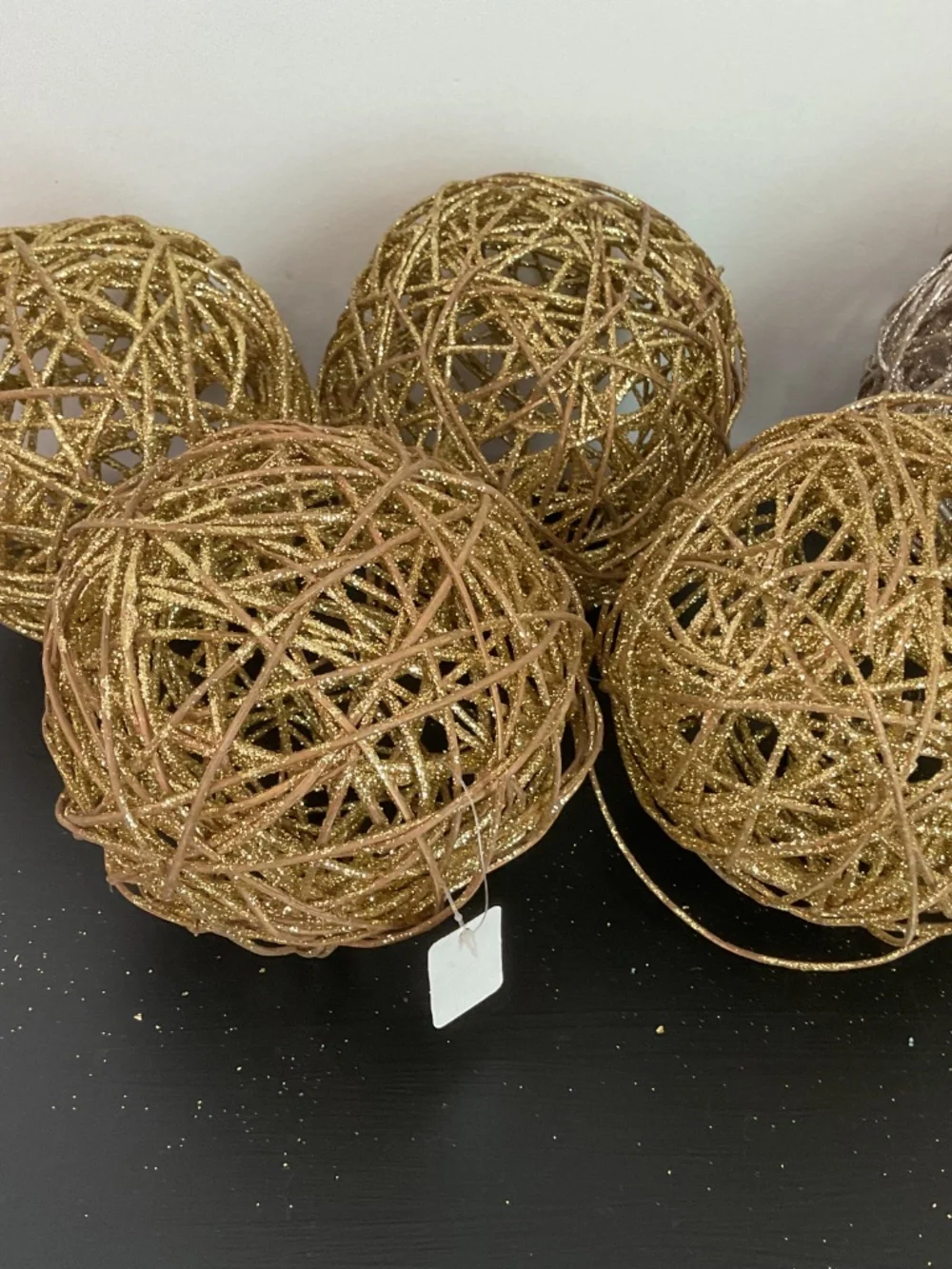 Pier 1 set of 7 Gold & Silver Glitter Round Wood Orbs Balls Holiday Decor